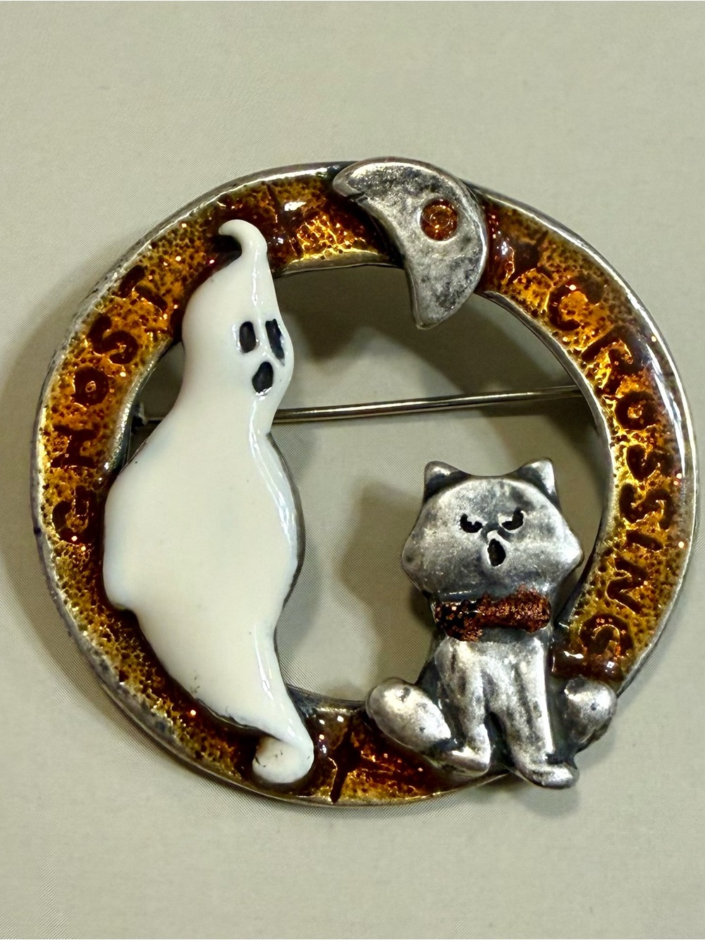 Vintage TC Tanya Creations Halloween Ghost Crossing Cat Brooch